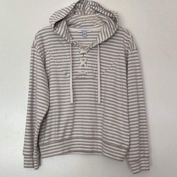 Derek Lam 10 Crosby Hooded Sweatshirt Medium Georgie Lace Up Striped Beige Tan - Picture 1 of 10